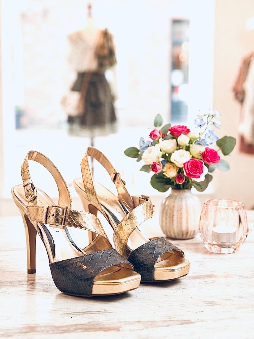 Gold, Bronze and Brown Ombré Snake-Texture High Heel Slingbacks w/Gold Hardware